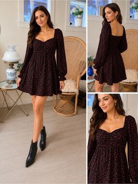 Black Floral Sweetheart Square-Neck Mini Dress - Inspired Hearts
